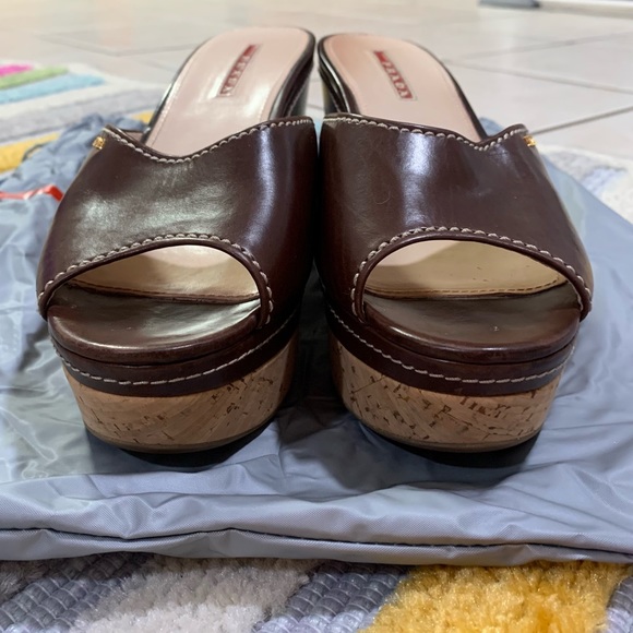 PRADA Brown Leather Logo Cork Platform Open-Toe Wedge Sandals - Picture 4 of 16